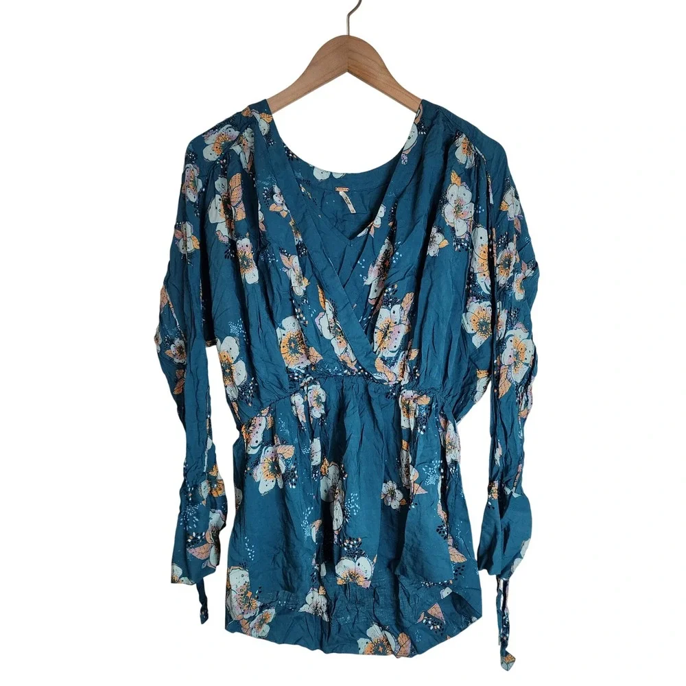 Free People Tunic Top Women's XS Floral Boho Long Sleeve Blue